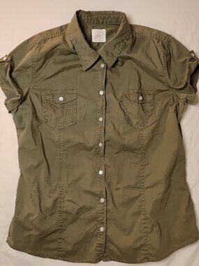 L.O.G.G Olive Green Short Sleeve Button Down Shirt Women with button-tab sleeves